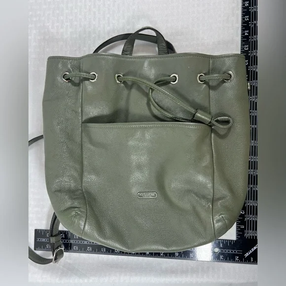4019: Coach Olive Green Pebbled Leather Drawstring Backpack - Picture 12 of 13